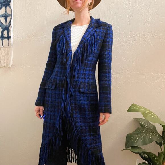 Vintage 100% Wool Blue Plaid Fringe Longline Blazer Jacket Coat - Picture 6 of 8